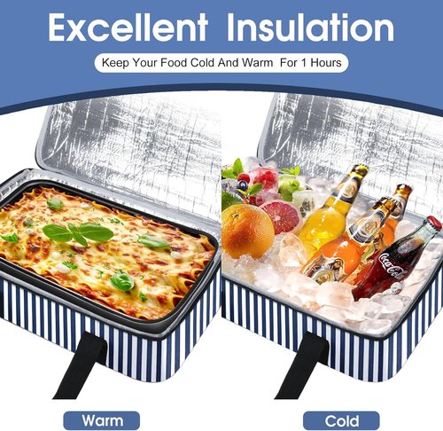 Insulated Casserole Carrier by [Brand Name] - Portable Hot & Cold Food Tote for Potluck Parties | Fits 9" x 13" Baking Dish - Blue Stripes
