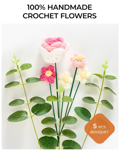 Lizzton Crochet Flower Bouquet Valentine's Day Gift for Wife Girlfriend Lover Mother Women, Handmade Artificial Knitted Flowers with Roses for Wedding Anniversary Birthday,Valentine Present,Home Decor