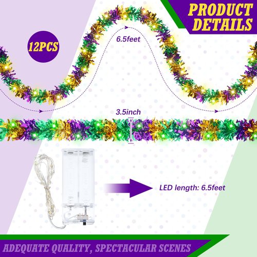 Boao 12 Pcs/78 ft Mardi Gras Decoration Tinsel Garland with LED Light 6.5 ft Each Mardi Gras Metallic Streamers Battery Operated Lighted Hanging Decor for Carnival Party Supply(Battery Not Include)