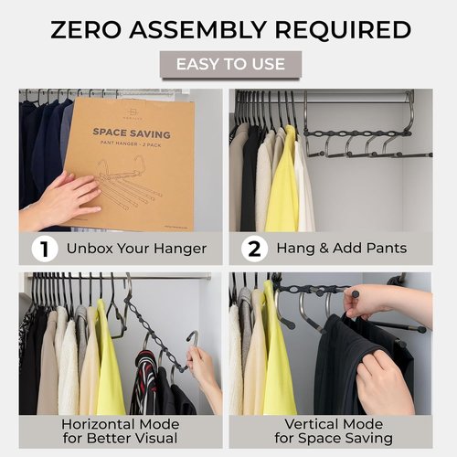 MORALVE Space-Saving Pants Hangers - Non-Slip Multi-Layer Design | 2 Pack for Jeans, Trousers & Skirts (Black)