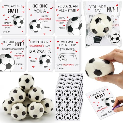 Soulchen 24 Pack Soccer Valentines Day Cards Gifts with Mini Soccer Ball and Stickers for Classroom Valentines Exchange Cards Party Favor Prizes Stress Gifts Set