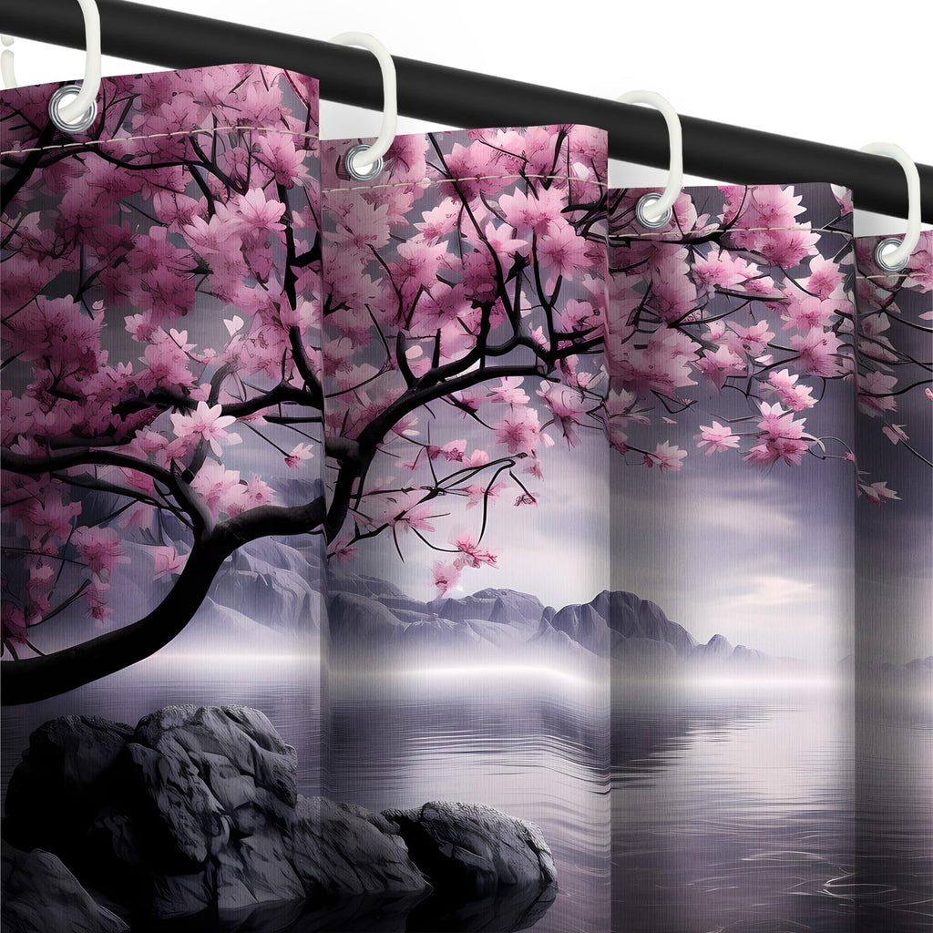 Yieldeer Japanese Shower Curtain Asian Cherry Blossom Bathroom Decor Mountain Bath Curtain, Waterproof Cloth Fabric with Hooks, 70x72 inch