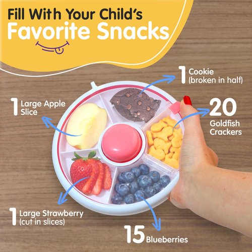 TRENDO Snack Spinner for Toddlers – Pink Rotating Snack Container, BPA & PVC-Free Baby Snack Box, Spill-Proof Toddler Snack Container with Hand Strap, 5 Compartments Travel Snack Box for Kids