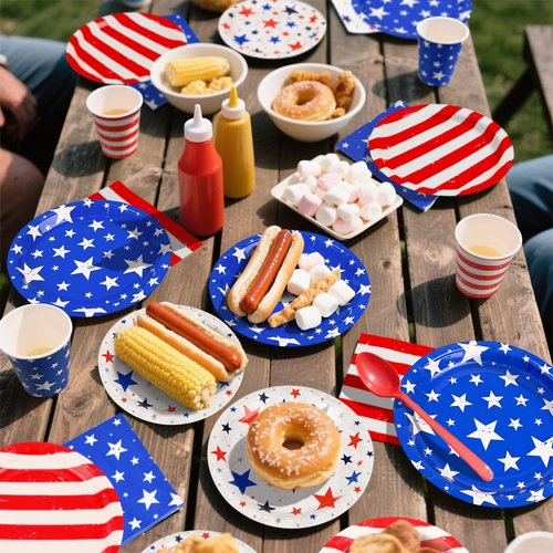 4th of July Party Supplies Set, Patriotic Theme Kit for Independence & Election Day Decorations, Includes Plates, Napkins, Cups, Banner, Tablecloth -Patriotic & 4th of July Party Decorations-24 Guests