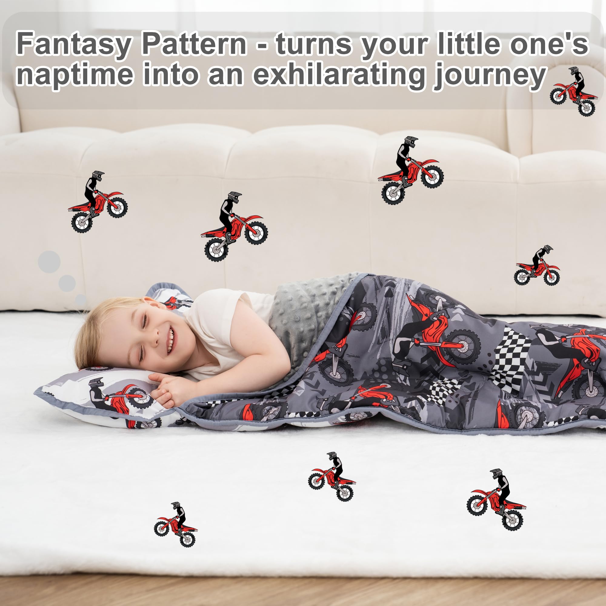 Viviland Toddler Nap Mat with Pillow and Minky Dot Blanket, Rolled Large Sleeping Mat for Boys, Kids Slumber Bag/Nap Mat for Preschool, Daycare, Kindergarten, Travel Camping - Cool Motocycle