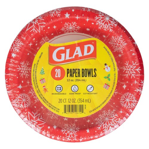 Glad Everyday Disposable Paper Bowls, Red Snowflake Holiday Design - Heavy Duty Soak-Proof Microwavable Paper Bowls - For Soups, Cereals, and Hot Foods, 12 Ounce, 20 Count