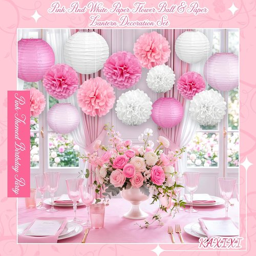 KAXIXI Pink Party Decorations - 15 Pcs Hanging Lanterns & Tissue Pom Poms for Baby Showers & Birthdays