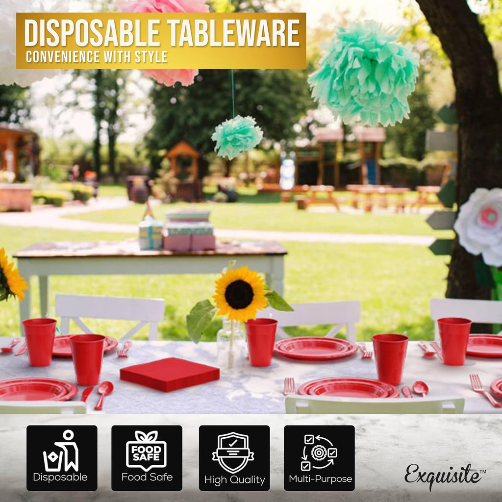 Regine Switzerland 350 Pcs Red Plastic Plates Set - Disposable Dinnerware with Cups & Cutlery | 9" & 7" Sizes