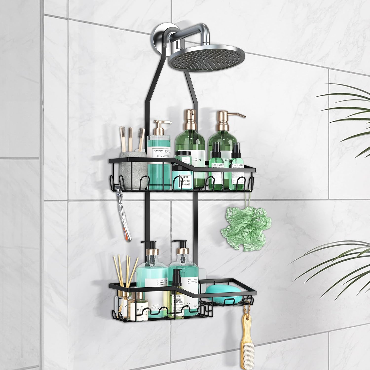 Regine Switzerland Shower Caddy - Rustproof 2-Tier Hanging Bathroom Organizer with 18 Hooks | Non-Slip Design