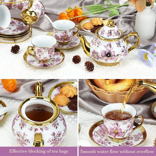 20 Pcs Porcelain Tea Set With Metal Holder,European Ceramic Tea Party Set for Adults,700ml Teapot,Beautiful Tea Cup Gift Sets for Home&Party (Cup-160ml)