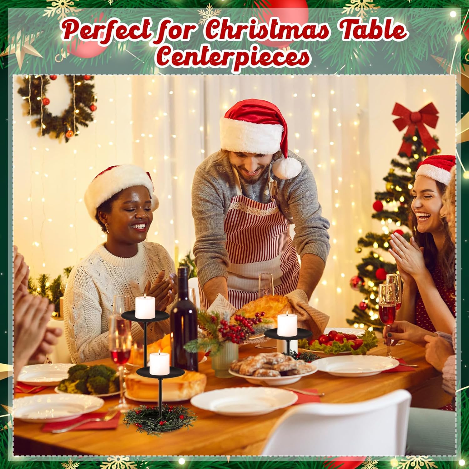 Baderke Christmas Candle Holders Set - 3 Sizes with Artificial Wreath & Red Berry Pine Garland