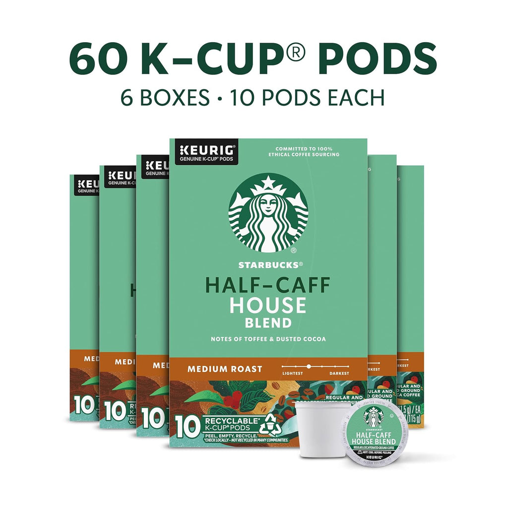 Starbucks K-Cup Coffee Pods - Medium Roast Half-Caff House Blend for Hot or Iced Coffee | 60 Pods