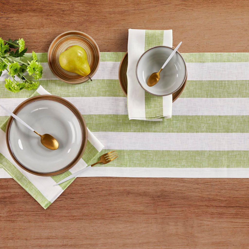 Solino Home Linen Table Runner 144 Inches Long - Cabana Stripe, 100% Pure Linen Green and White Table Runner 14 x 144 Inch for Dining, Spring, Summer