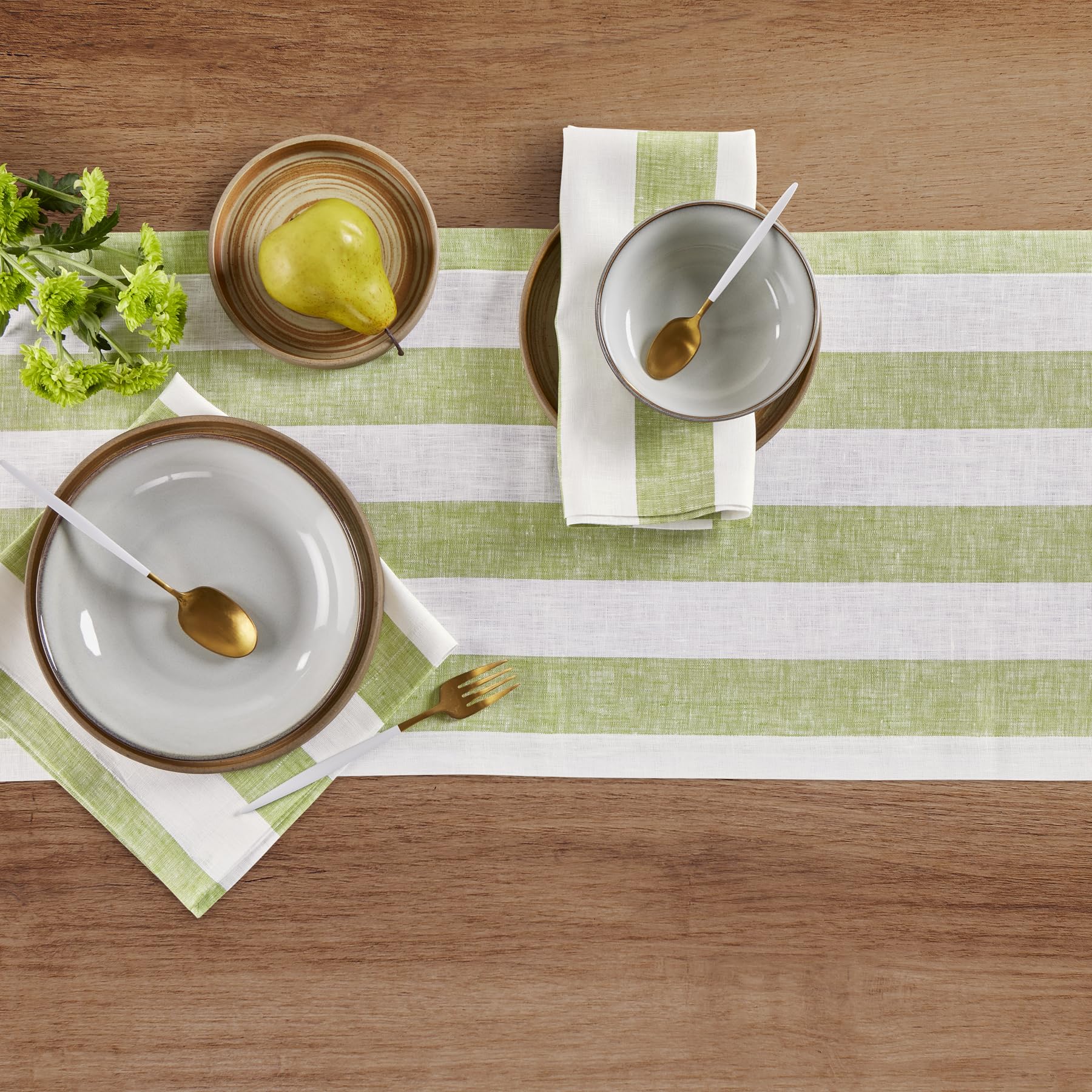 Solino Home Linen Table Runner 144 Inches Long - Cabana Stripe, 100% Pure Linen Green and White Table Runner 14 x 144 Inch for Dining, Spring, Summer
