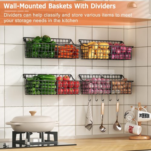 4 Pack EXTRA LARGE Hanging Wall Mount Storage Baskets With Divider, Metal Wire Basket With 4 Strong Adhesive Hooks +5 S Hooks,Organizing Wall Shelf for Home Kitchen Bathroom Pantry Garage RV, Black