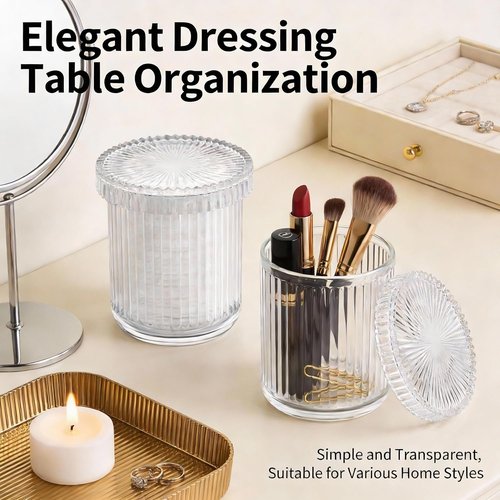 Clear Apothecary Jars - 2 Pack Glass Qtip Holder Dispenser Set for Cotton Swabs & Makeup Storage