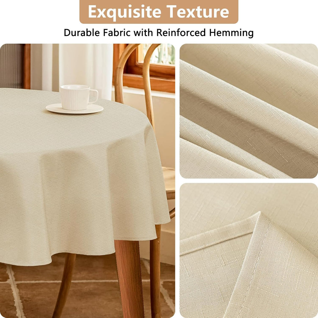 Textured Round Tablecloth - 60 Inch Beige, Water Resistant & Wipeable Faux Linen for 2-4 Seats
