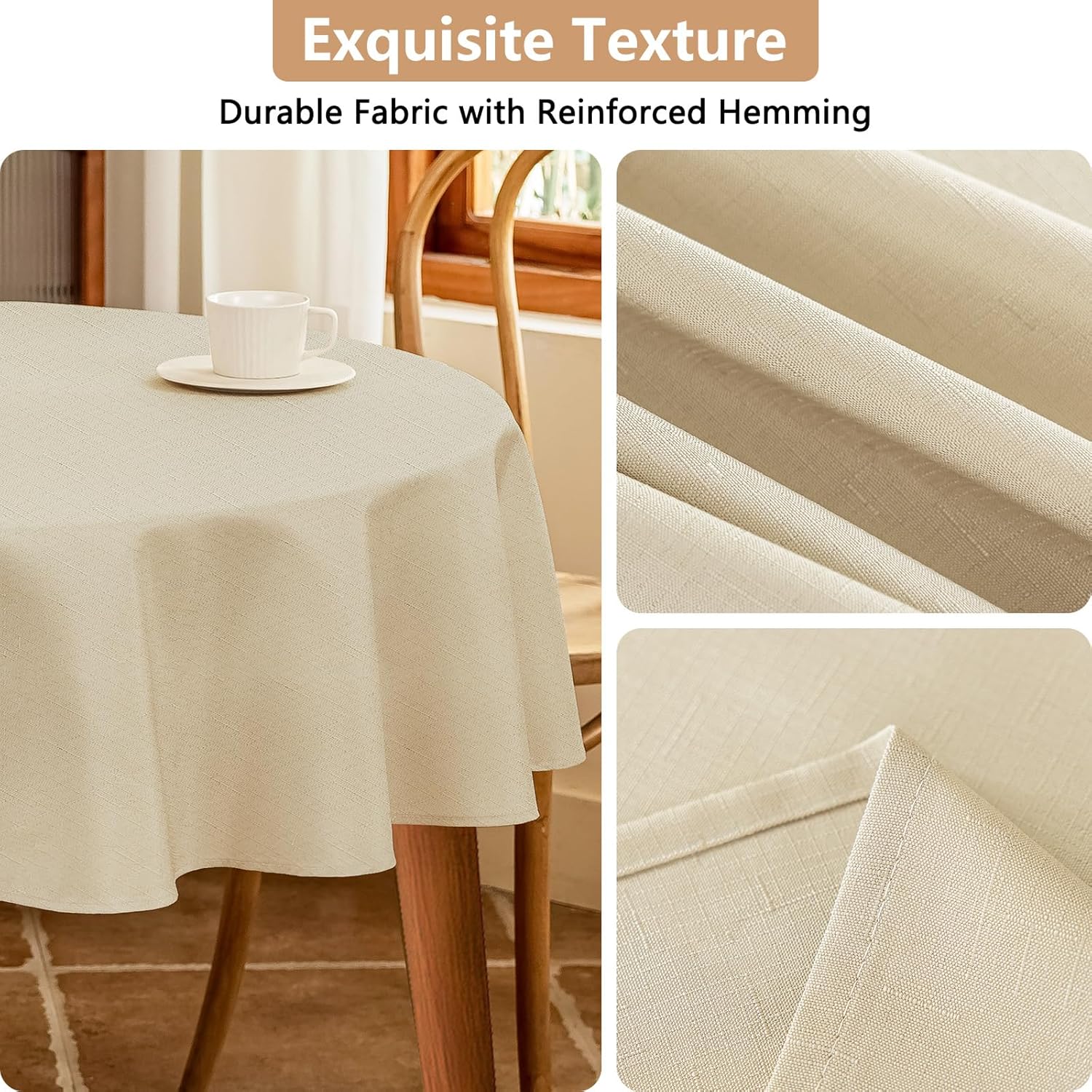Textured Round Tablecloth - 60 Inch Beige, Water Resistant & Wipeable Faux Linen for 2-4 Seats