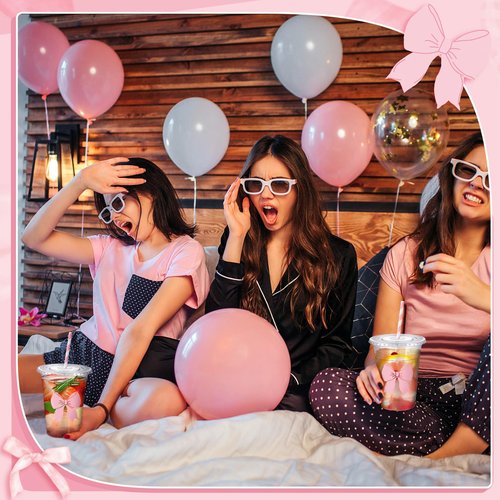 Sliner 50 Pcs 16 oz Coquette Disposable Plastic Cups with Straw for Party Supplies Bow Cups Birthday Wedding Bridal Engagement Party Drinkware Baby Shower Decoration (Pink Bow)