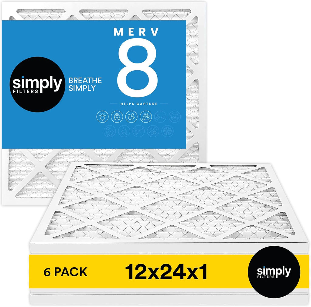 Simply 12x24x1 Air Filter - MERV 8, 6 Pack for Home AC & HVAC | Dust, Pet & Allergy Control