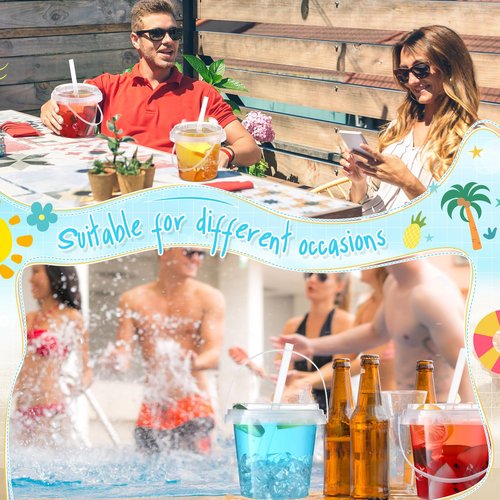 Funnymoom 15 Set 24oz Clear Plastic Drink Buckets with Lids and Straws Disposable Iced Coffee Cups Rum Buckets for Cocktail Parties Smoothie Cup Bulk with Handles for Beach Pool Party Supplies