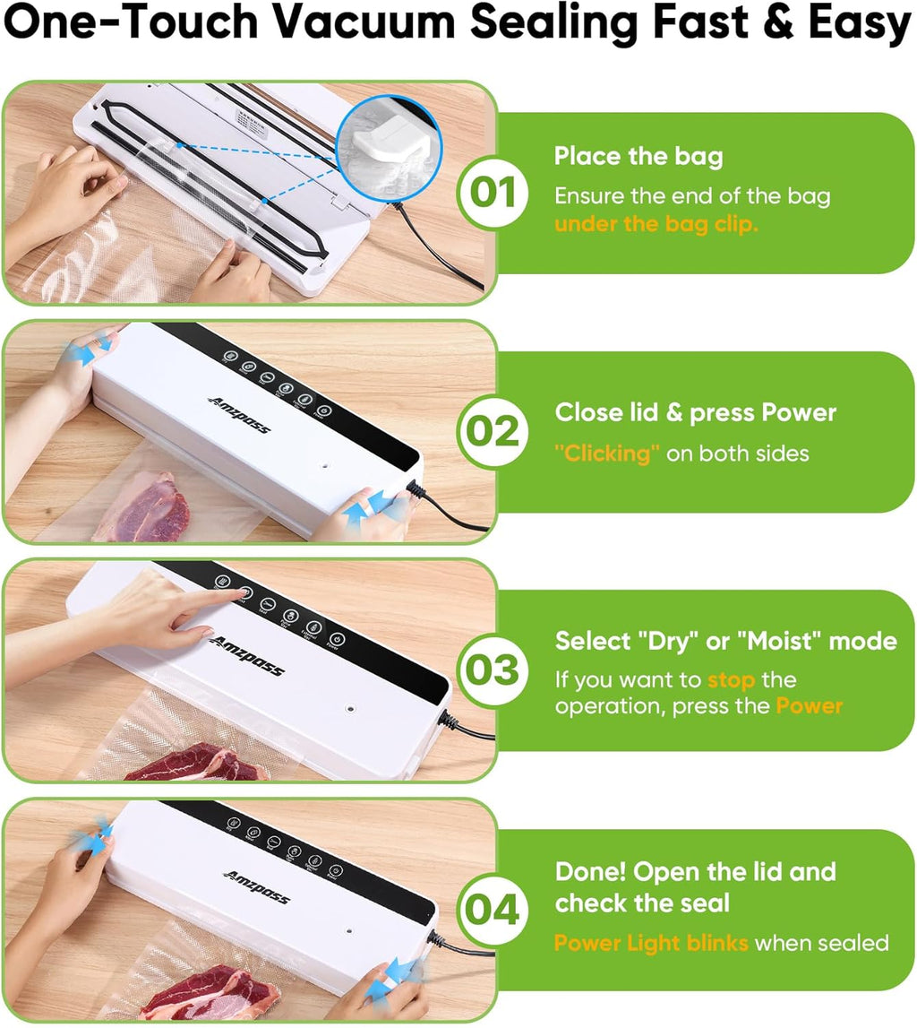 Skiennix Vacuum Sealer - 6-in-1 Food Preservation Machine with 80kPa Suction Power | Compact Design & 10 Bags Included