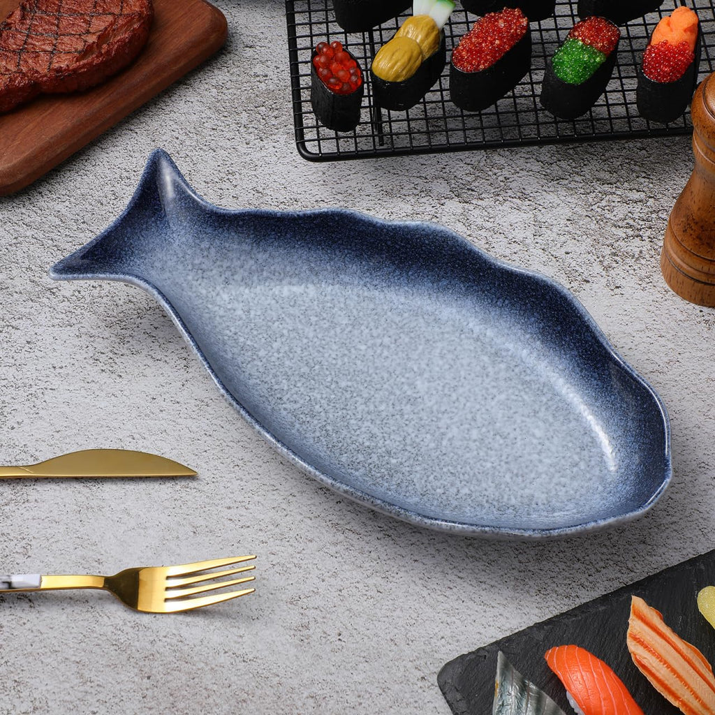 Cabilock Fish Serving Dish Decorative Ceramic Serving Tray Platter for Entertaining Seafood Appetizers Kitchen Tableware Home Dining 12.20X5.90X1.37In