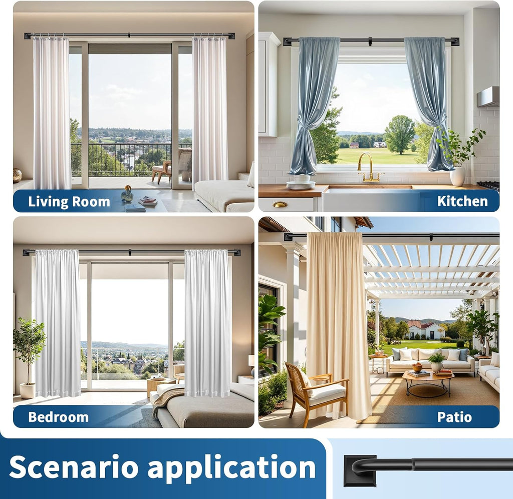 Skiennix Black Curtain Rods - Heavy Duty Adjustable 28-48 Inch French Return for Room Darkening