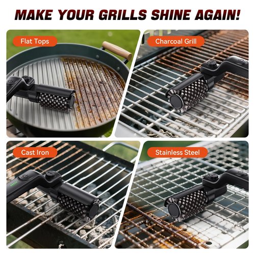Electric Rotary Grill Brush for BBQ – 304 Stainless Steel Rotary Brush Head, Anti-Shedding Bristles, Rechargeable 3-Speed Power Control, Up to 90-Min Runtime, Outdoor Grill Cleaner Black