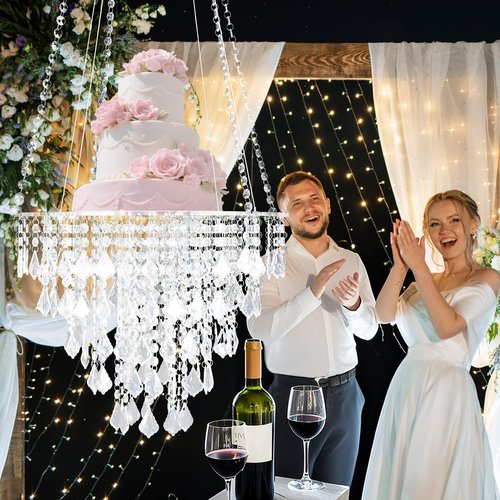 Weysat Hanging Wedding Cake Stands - 17.7'' Faux Acrylic Crystal Chandelier Style Drape Suspended Cake Swing with Crystal Chains Dessert Display Stand for Wedding Birthday Party Decoration