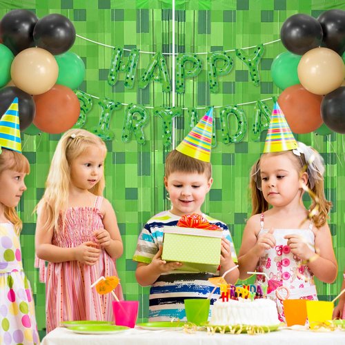 2 Pack Green Pixel Miner Foil Fringe Curtains - 3.3x6.6ft Video Game Birthday Photo Booth Backdrop, Metallic Door Streamers for Gamer Party Decorations & Room Wall Decor