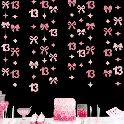 Glitter Pink 13th Bow Birthday Decorations Hot Pink Conquette Bow Garland Streamer Banner Backdrop for Girls Happy 13th Birthday Official Teenager Cheers to 13 Years Old Anniversary Party Supplies