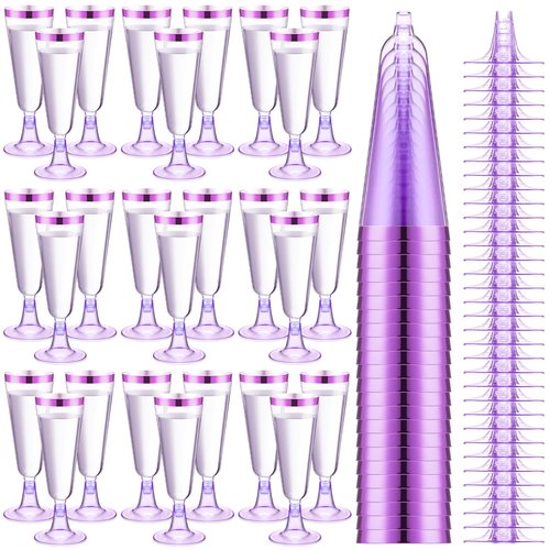 Dandat 100 Pcs Plastic Disposable Champagne Flutes 5 oz New Years Champagne Flutes with Rim Wine Glasses Mimosa Glasses for Quinceanera Birthday Party Supplies (Purple with Purple Rim)
