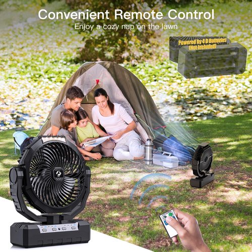 Wavmill Battery Operated Fan [200H Max], 2 in 1 D-Cell Battery & USB Powered Fans, Portable Camping Fan with 4 Speeds, Light, Timer, Remote for Outdoor Tent, Travel, Picnic, Office, Bedroom - Black