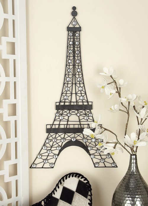 Deco 79 Metal Eiffel Tower Home Wall Decor 3D Wire Wall Sculpture with Crystal Embellishments, Wall Art 18" x 1" x 32", Black