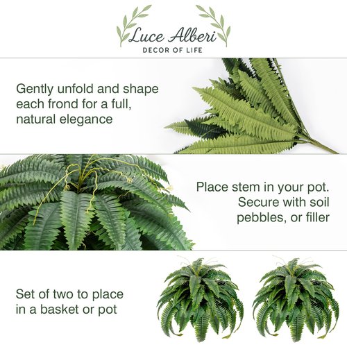 Fake Plants Artificial Boston Fern Bush - 2PCS 45Inch Fake Ferns with 55 Fronds, Large Hanging Faux Plants Decor, Faux Fern Vines Silk Greenery for Outdoor Indoor, Porch, Farms, Patio, Office