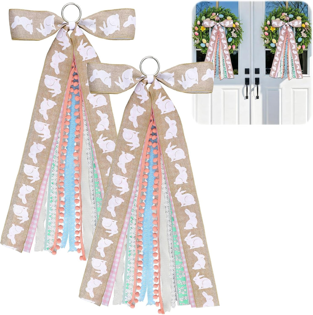 Suncalla Easter Ribbon Bows - 2 Pcs Large Rabbit Decorations for Front Door & Indoor/Outdoor Use