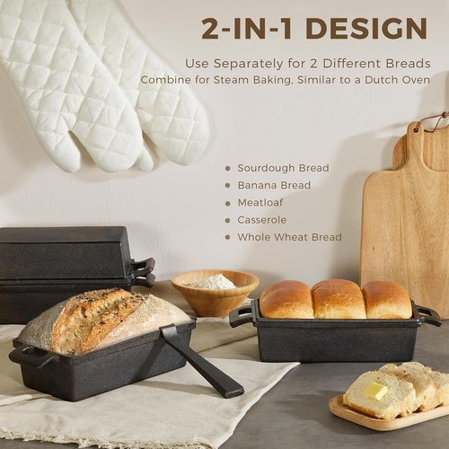 HONGBAKE Cast Iron Bread Pan - 2 in 1 with Lid & Lever | Pre-Seasoned Nonstick 9x5 Sourdough Baking Pan