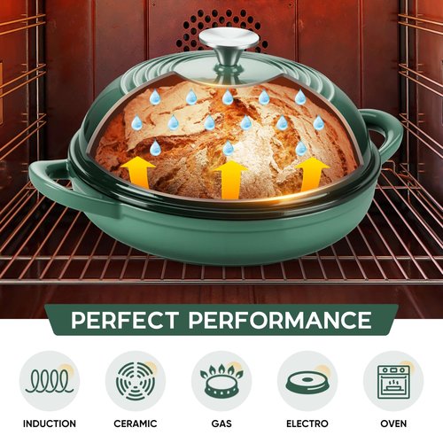 E-far Dutch Oven for Sourdough Bread Baking, 6 Qt Round Enameled Cast Iron Dutch Oven for Homemade Artisan Bread, Dome Lid & Shallow Base, Matte Black Interior & Durable, Oven-Safe to 500℉, Dark Green