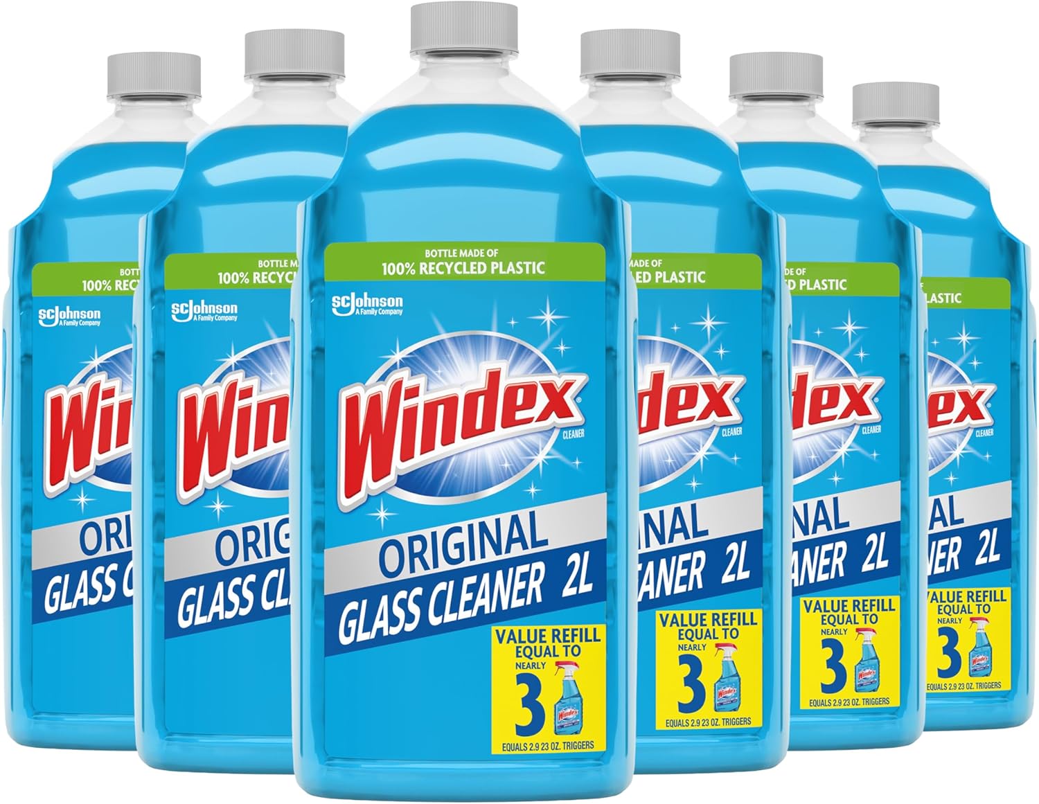Windex Refill Glass & Window Cleaner - Eco-Friendly 100% Recycled Plastic, Original Blue Scent, 2L (Pack of 6)