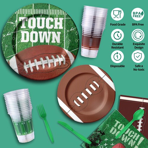 173PCS Football Party Supplies Kit for 24 Guests - Football Birthday Party Supplies with Paper Plate Napkin Big Cup Cutlery Banners Touchdown Tablecloth Tailgate Party Decorations(B)