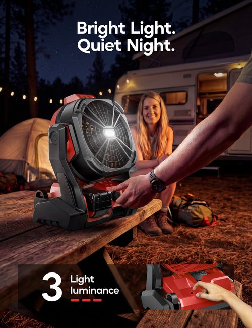DeForce Battery Operated Fan, for Milwaukee M18 18V Battery, Camping Fan Cordless, Option for Corded, with LED Lights, Variable Speed, Hook for Hanging, for Jobsite, Red(Bare Tool Only)