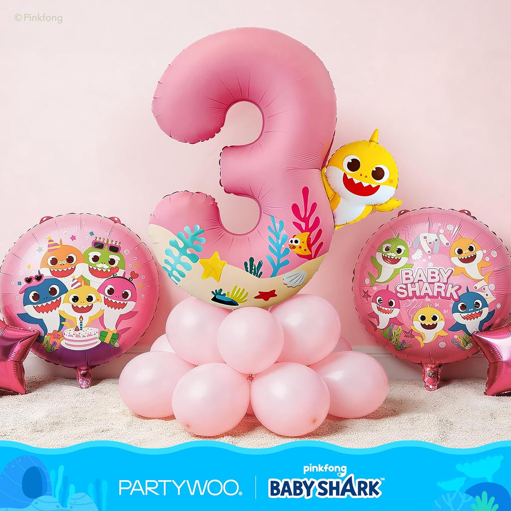 PartyWoo Baby Shark Pink Foil Number 3 Balloon - 40 Inch Mylar Helium Birthday Decoration for Kids