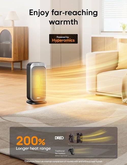 DREO Quiet Space Heater - 1500W Portable Electric Heater with Remote & 70° Oscillation | Ideal for Office & Bedroom