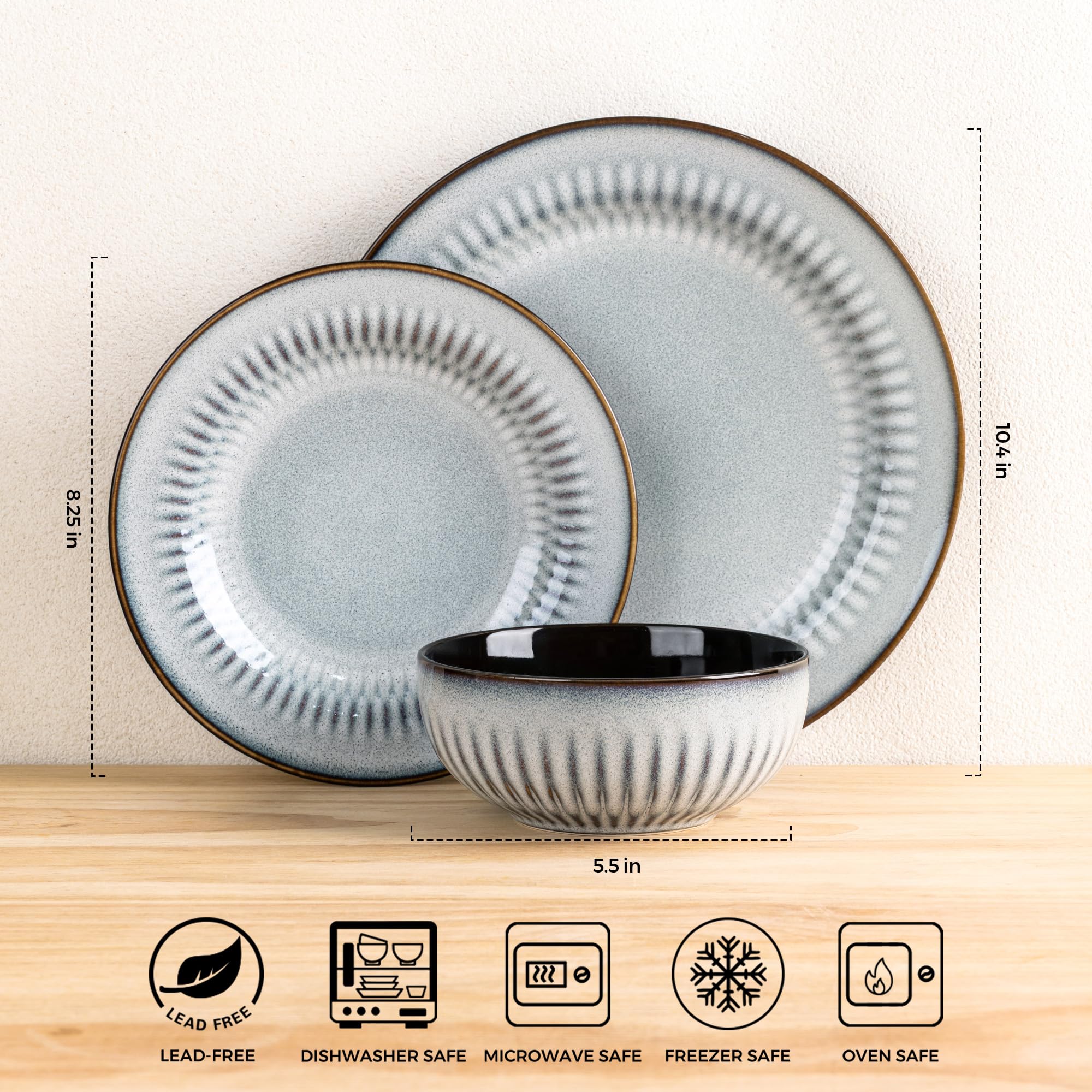LERATIO Ceramic Dinnerware Sets,Handcraft Embossed Stoneware Plates and Bowls Sets,Highly Chip and Crack Resistant | Dishwasher & Microwave & Oven Safe Dishes set,Service for 4 (12pc)-Gray White