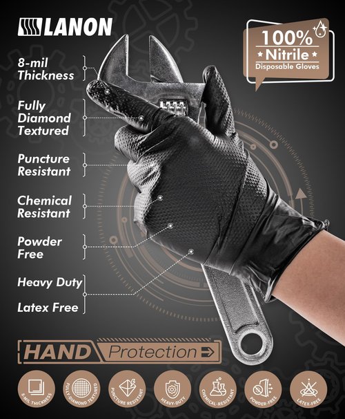 LANON 8 Mil Heavy Duty Black Nitrile Gloves, Food Safe, Latex Free, Mechanic, Fully-Diamond Textured Grip Industrial Disposable Gloves, X-Large