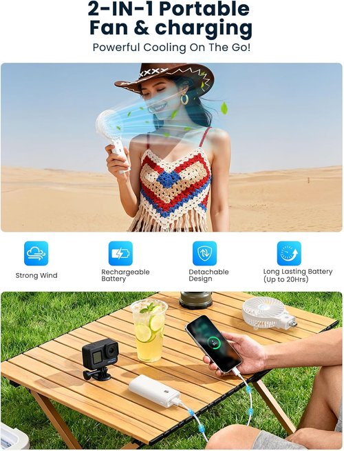 HandFan Portable Handheld Fan - 5200mAh Rechargeable, 3 Speeds, 180° Foldable, 20H Runtime | Ideal for Travel & Outdoor Use (White)
