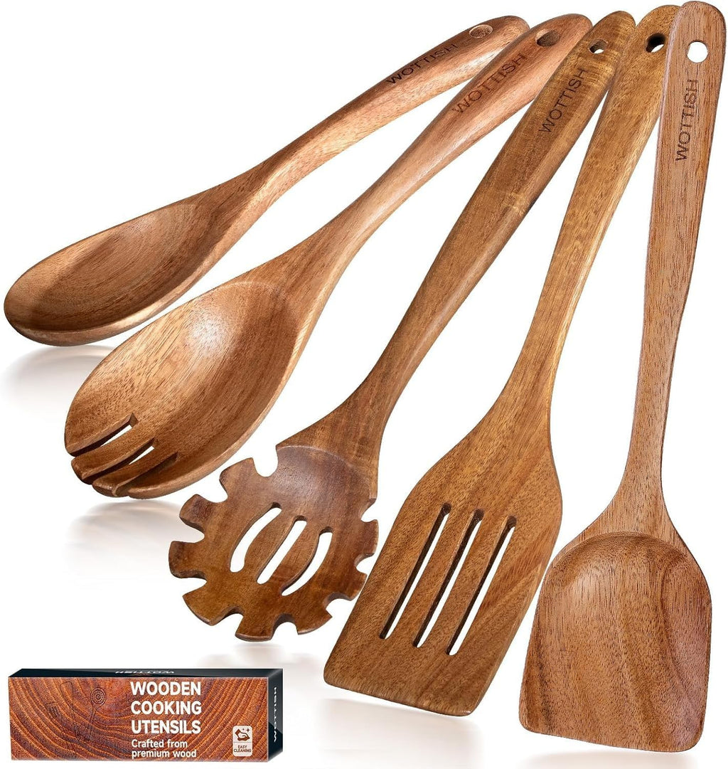 Skiennix Wooden Cooking Spoons - 5-Piece Natural Solid Wood Utensil Set | Includes Salad Spoons, Strainer, Fork & Spatula