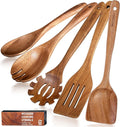 Skiennix Wooden Cooking Spoons - 5-Piece Natural Solid Wood Utensil Set | Includes Salad Spoons, Strainer, Fork & Spatula