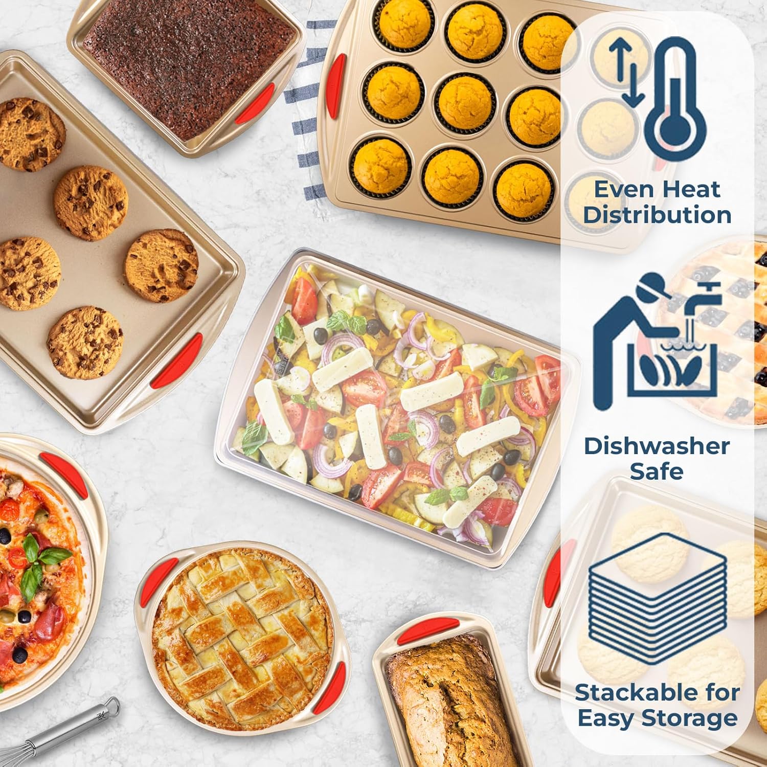 Perlli 10-Piece Baking Set - Nonstick Gold Steel Bakeware with Silicone Handles | Includes Cookie Sheets, Cake Pans, and More